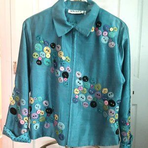 Anage turqoise silk appliqued woman's jacket.